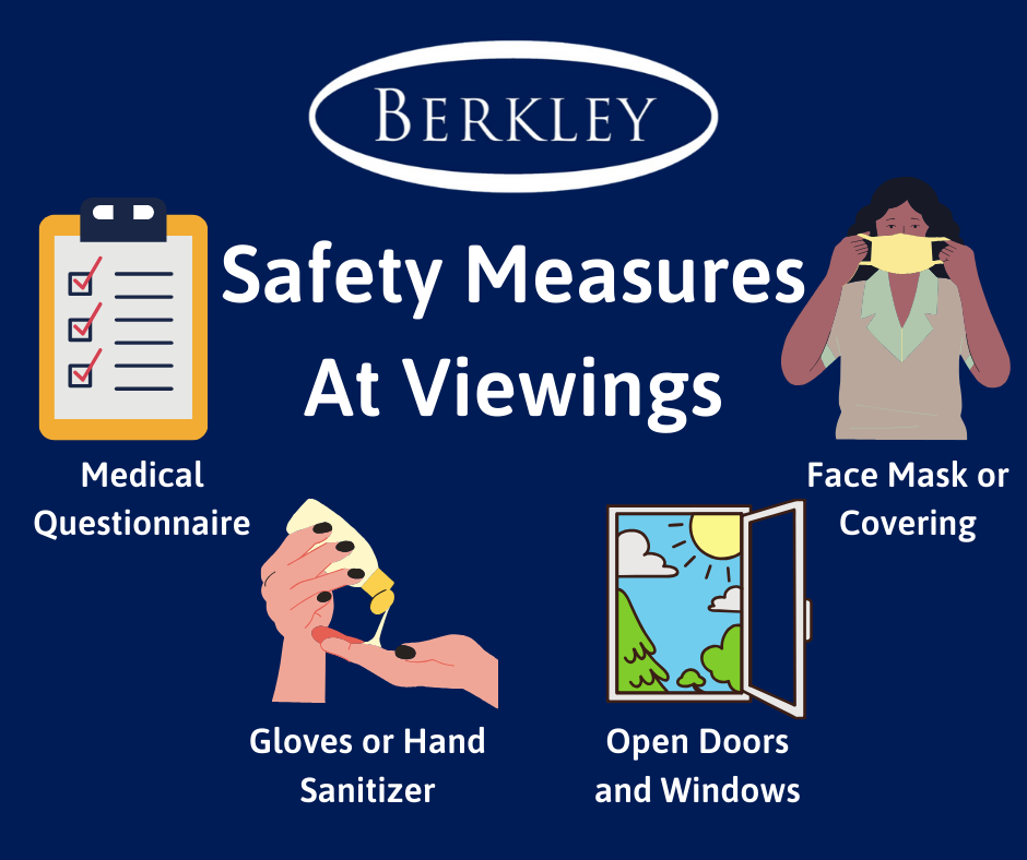 Safety measures for physical viewings consisting of a medical questionnaire, a face mask, open doors and windows and gloves or hand sanitizer